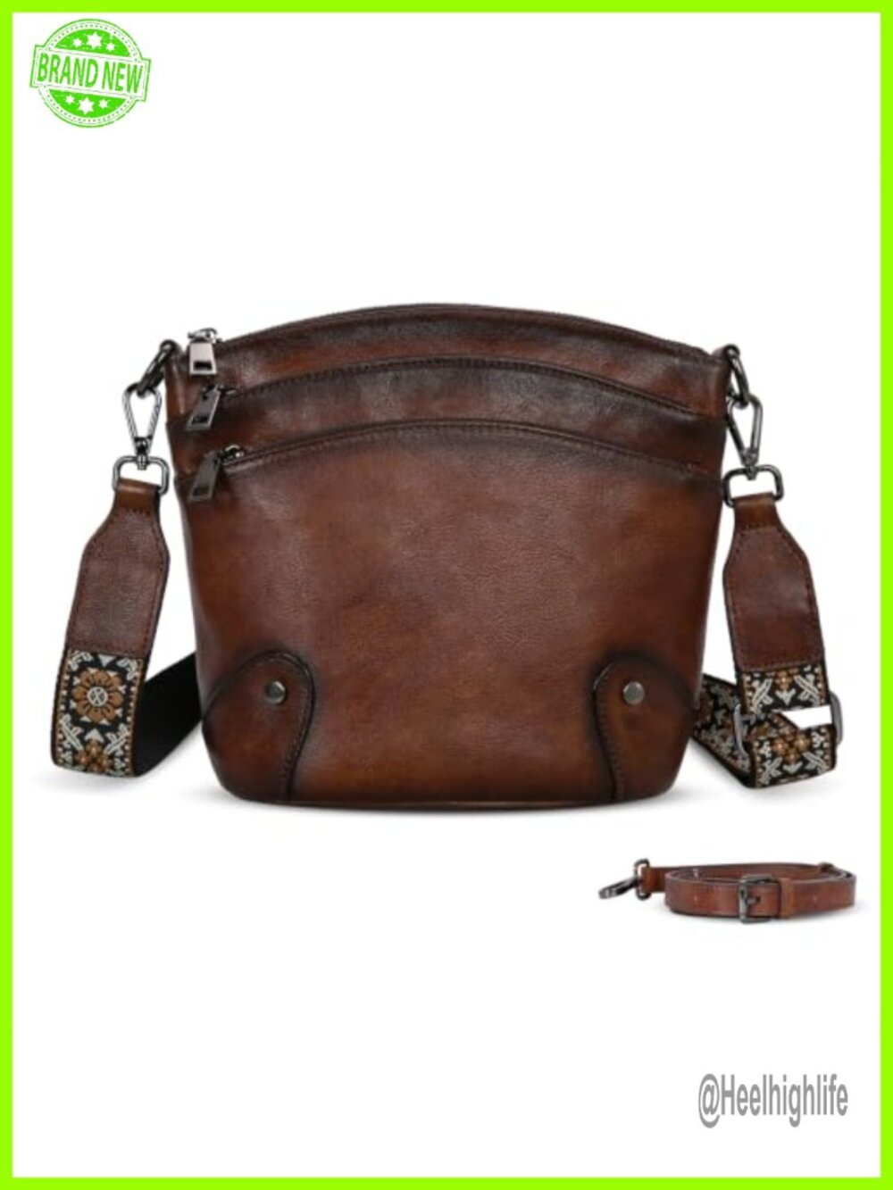 HESHE Vegetable Tanned Leather Crossbody Hobo Shoulder Bag Wide Strap